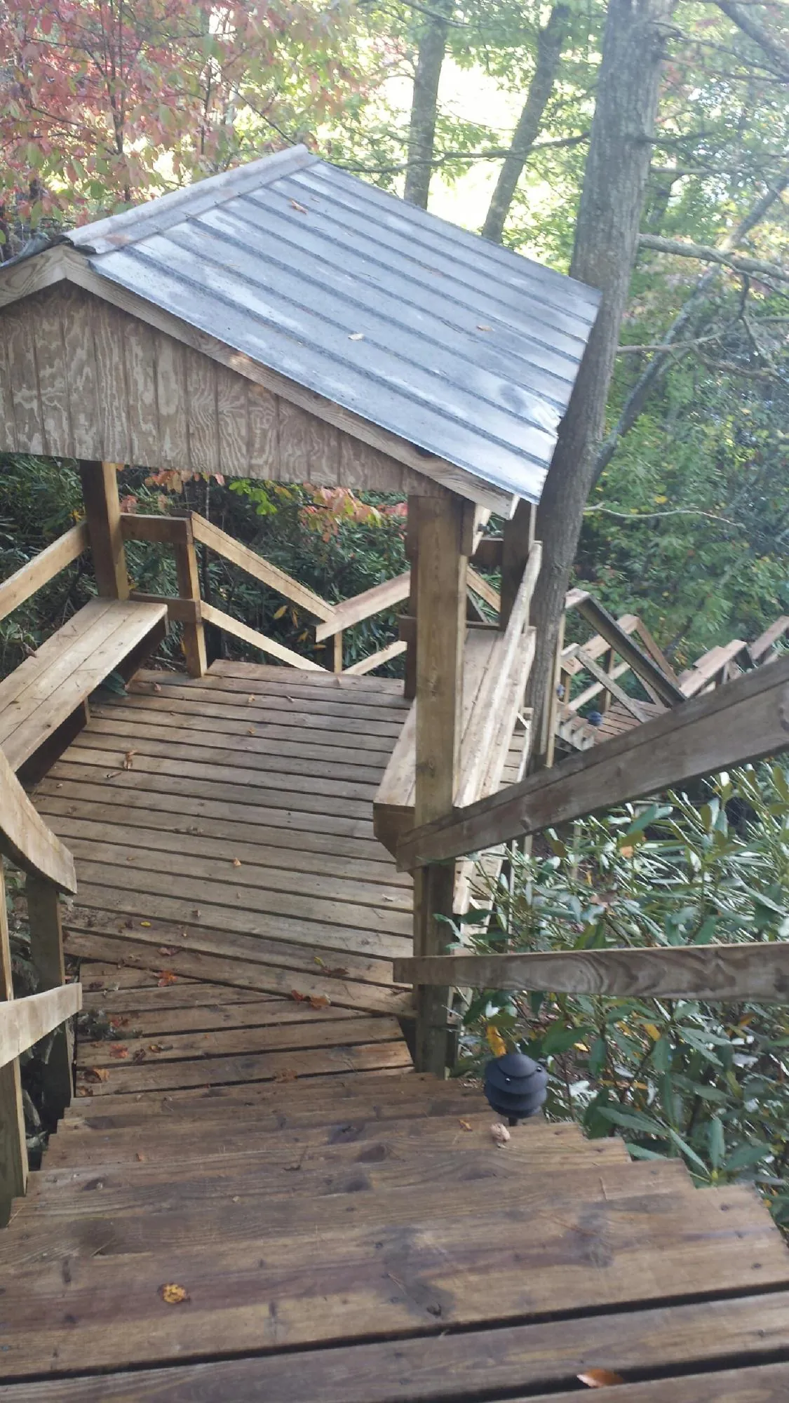 Metal roofed shelter over wooden steps on a wooded walkway — Skylight Repair & Installation work by our crew in Lakeville